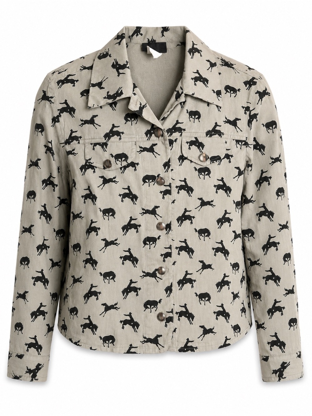 ROUGHRIDER Vintage Western Bucking Bronco Print Button-Up Khaki Top - Medium